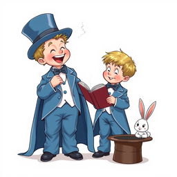 A whimsical and cute comic poster with a white background featuring two very realistic five-year-old children dressed in oversized blue magician's tuxedos, where the pants, tailcoats, and sleeves are comically large, dragging on the floor