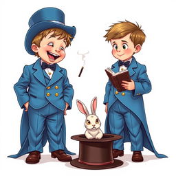 A whimsical and cute comic poster with a white background featuring two very realistic five-year-old children dressed in oversized blue magician's tuxedos, where the pants, tailcoats, and sleeves are comically large, dragging on the floor