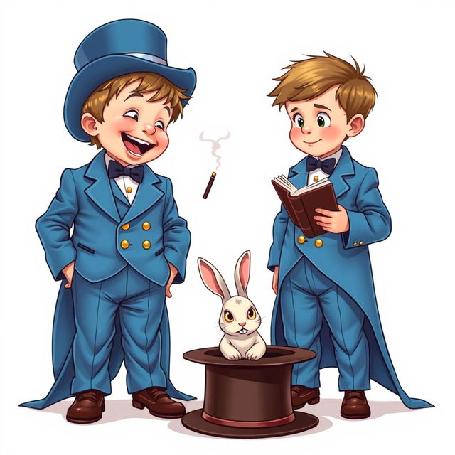 A whimsical and cute comic poster with a white background featuring two very realistic five-year-old children dressed in oversized blue magician's tuxedos, where the pants, tailcoats, and sleeves are comically large, dragging on the floor