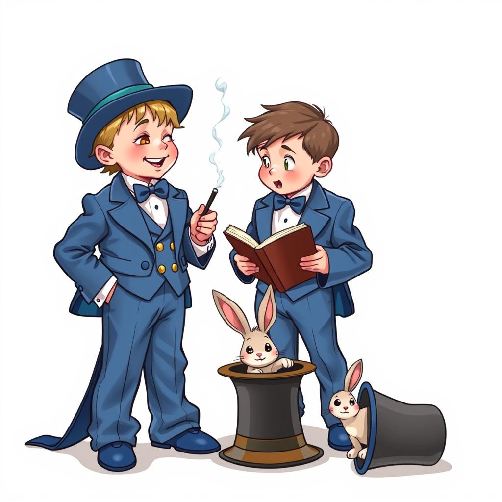 A whimsical and cute comic poster with a white background featuring two very realistic five-year-old children dressed in oversized blue magician's tuxedos, where the pants, tailcoats, and sleeves are comically large, dragging on the floor