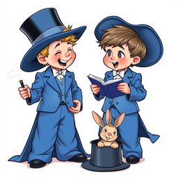 A whimsical and cute comic poster with a white background featuring two very realistic five-year-old children dressed in oversized blue magician's tuxedos, where the pants, tailcoats, and sleeves are comically large, dragging on the floor
