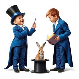 A comedic and cute poster with a white background, featuring two very realistic five-year-old boys dressed in oversized blue magician's tuxedos