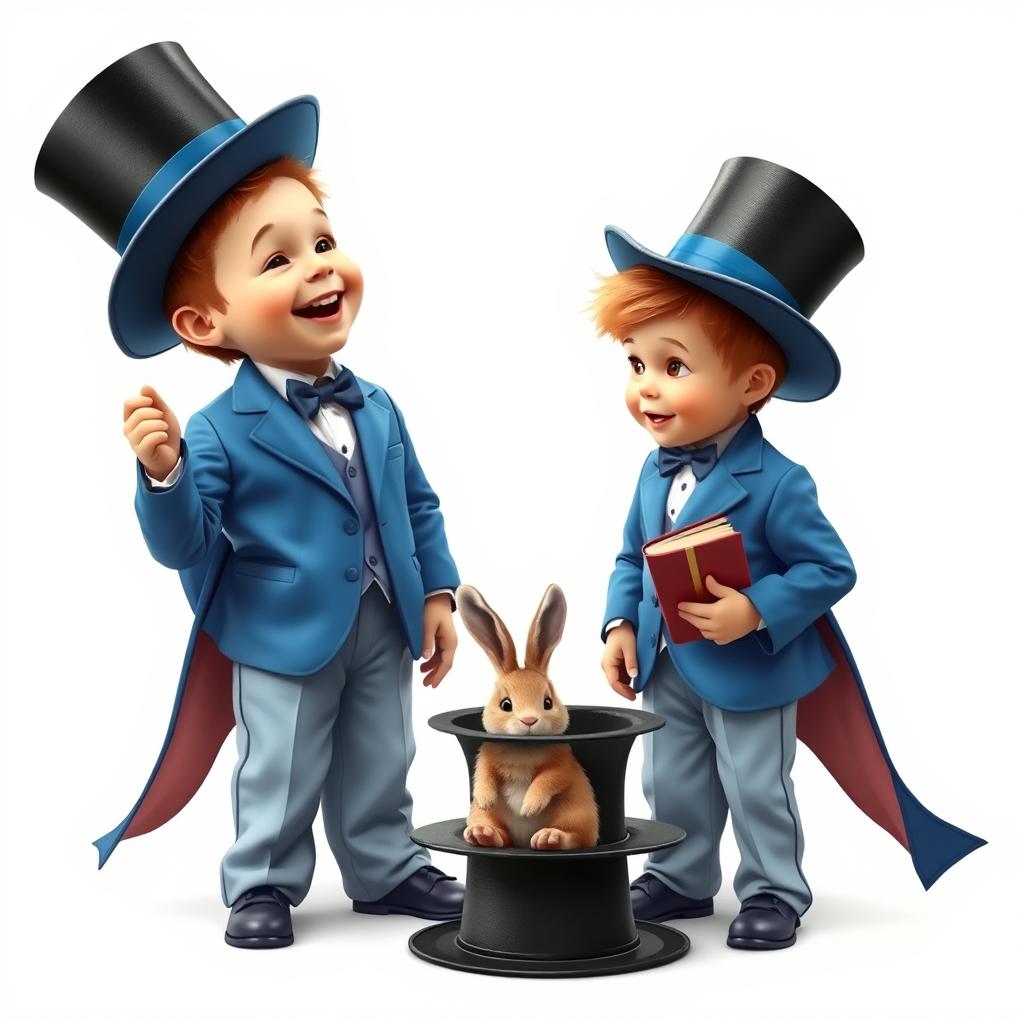 A comedic and cute poster with a white background, featuring two very realistic five-year-old boys dressed in oversized blue magician's tuxedos