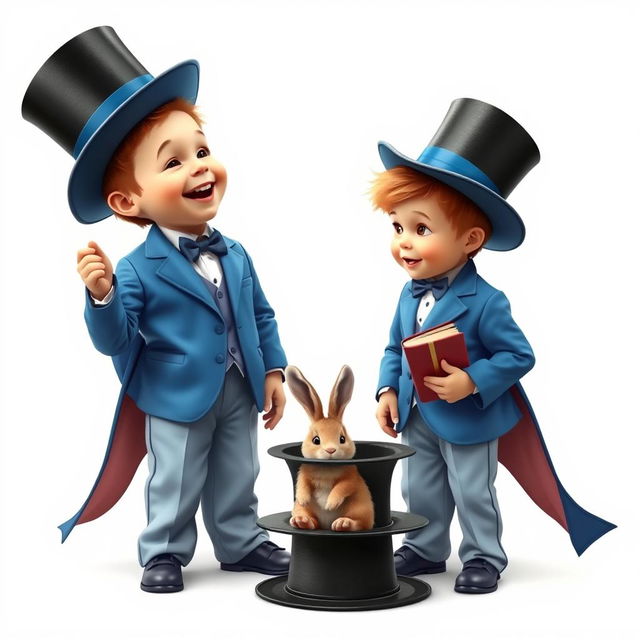 A comedic and cute poster with a white background, featuring two very realistic five-year-old boys dressed in oversized blue magician's tuxedos