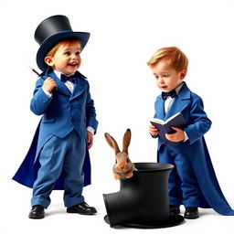A comedic and cute poster with a white background, featuring two very realistic five-year-old boys dressed in oversized blue magician's tuxedos