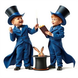A comedic and cute poster with a white background, featuring two very realistic five-year-old boys dressed in oversized blue magician's tuxedos
