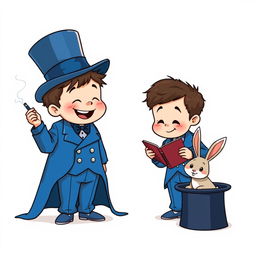 A whimsical and cute comic poster with a white background, featuring two cartoonish five-year-old children dressed in oversized blue magician tuxedos