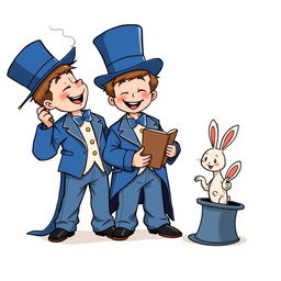 A whimsical and cute comic poster with a white background, featuring two cartoonish five-year-old children dressed in oversized blue magician tuxedos