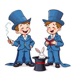 A whimsical and cute comic poster with a white background, featuring two cartoonish five-year-old children dressed in oversized blue magician tuxedos