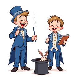 A whimsical and cute comic poster with a white background, featuring two cartoonish five-year-old children dressed in oversized blue magician tuxedos