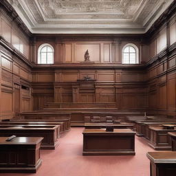 A grand courtroom filled with mahogany furniture, capturing the solemnity of the place with various people - judges, lawyers, and defendants - engaged in a case proceeding.