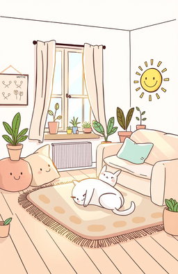 A whimsical and inviting doodle-style illustration featuring a cozy room with soft pastel colors, filled with fluffy pillows and a comfy couch