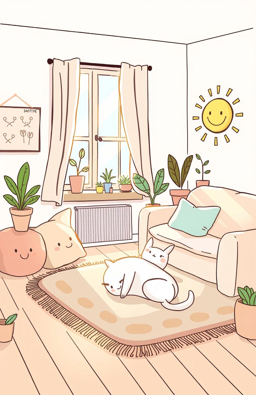 A whimsical and inviting doodle-style illustration featuring a cozy room with soft pastel colors, filled with fluffy pillows and a comfy couch