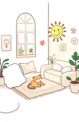 A whimsical and inviting doodle-style illustration featuring a cozy room with soft pastel colors, filled with fluffy pillows and a comfy couch