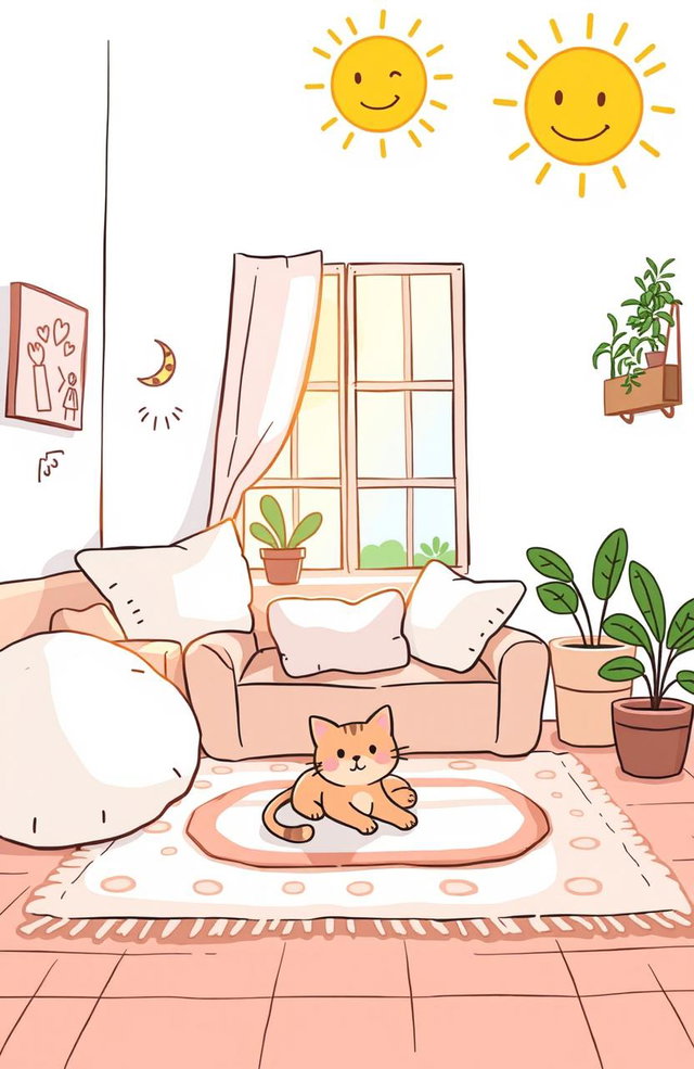 A whimsical and inviting doodle-style illustration featuring a cozy room with soft pastel colors, filled with fluffy pillows and a comfy couch