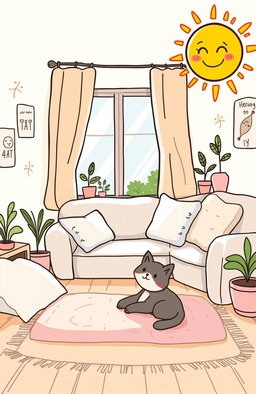 A whimsical and inviting doodle-style illustration featuring a cozy room with soft pastel colors, filled with fluffy pillows and a comfy couch