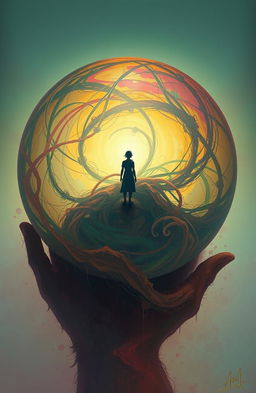 A surrealistic artwork featuring a large, intricate sphere that represents the protagonist's inner world