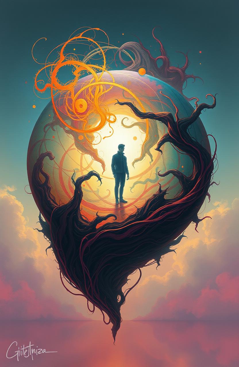 A surrealistic artwork featuring a large, intricate sphere that represents the protagonist's inner world