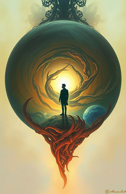 A surrealistic artwork featuring a large, intricate sphere that represents the protagonist's inner world
