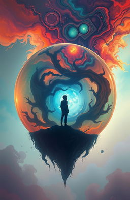 A surrealistic artwork featuring a large, intricate sphere that represents the protagonist's inner world