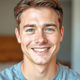A friendly young adult male with a clean-shaven face, smiling gently