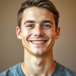 A friendly young adult male with a clean-shaven face, smiling gently