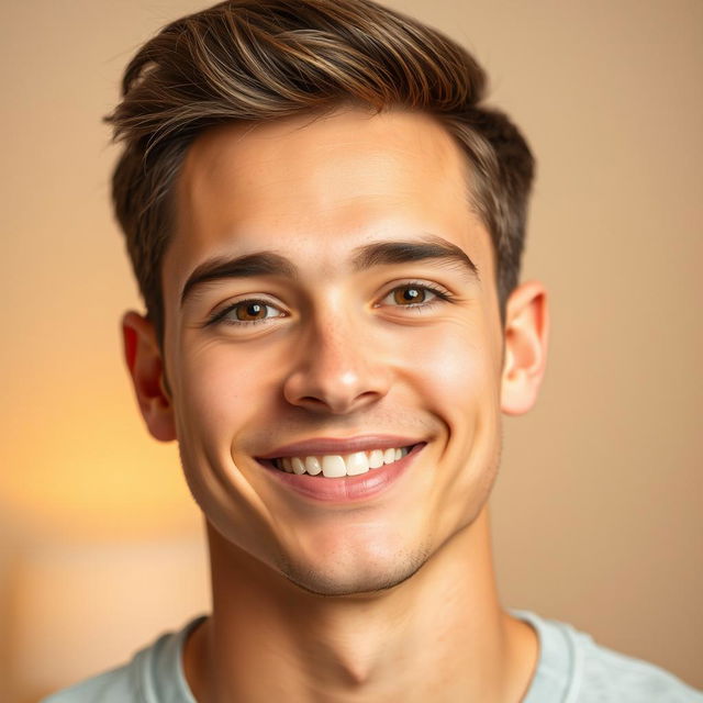 A friendly young adult male with a clean-shaven face, smiling gently
