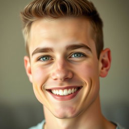 A friendly young adult male with a clean-shaven face, smiling gently