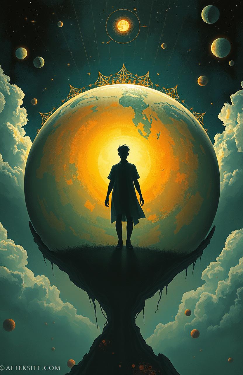 A surrealistic artwork depicting a large sphere representing the protagonist's inner world