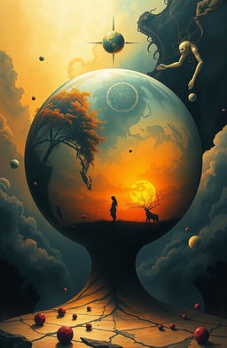 A surrealistic artwork depicting a large sphere representing the protagonist's inner world