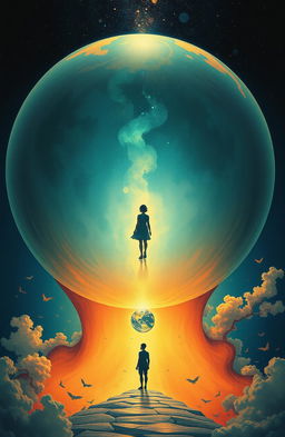 A surrealistic artwork depicting a large sphere representing the protagonist's inner world
