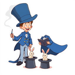 A whimsical and cute comic poster with a white background, featuring two cartoonish five-year-old children dressed in oversized blue magician tuxedos