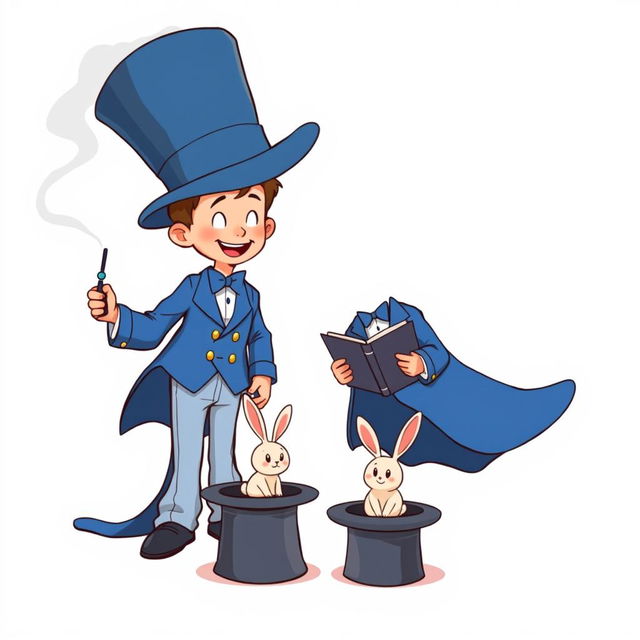 A whimsical and cute comic poster with a white background, featuring two cartoonish five-year-old children dressed in oversized blue magician tuxedos