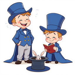 A whimsical and cute comic poster with a white background, featuring two cartoonish five-year-old children dressed in oversized blue magician tuxedos