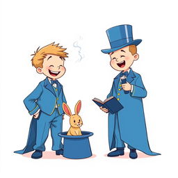 A whimsical and cute comic poster with a white background, featuring two cartoonish five-year-old children dressed in oversized blue magician tuxedos