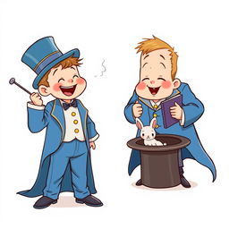 A whimsical and cute comic poster with a white background, featuring two cartoonish five-year-old children dressed in oversized blue magician tuxedos