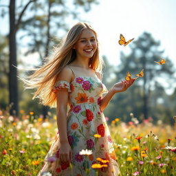 A beautiful young woman with long flowing hair, wearing a vibrant dress adorned with floral patterns, standing in a sunlit meadow filled with wildflowers