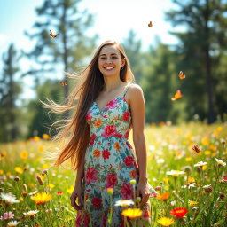 A beautiful young woman with long flowing hair, wearing a vibrant dress adorned with floral patterns, standing in a sunlit meadow filled with wildflowers
