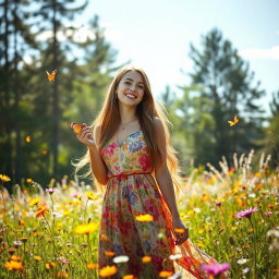 A beautiful young woman with long flowing hair, wearing a vibrant dress adorned with floral patterns, standing in a sunlit meadow filled with wildflowers
