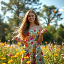 A beautiful young woman with long flowing hair, wearing a vibrant dress adorned with floral patterns, standing in a sunlit meadow filled with wildflowers