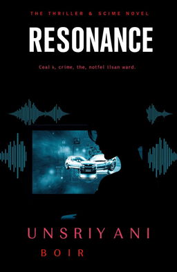 A dark and simple book cover design for the thriller, crime, and sci-fi novel 'Resonance' by Unsriyani