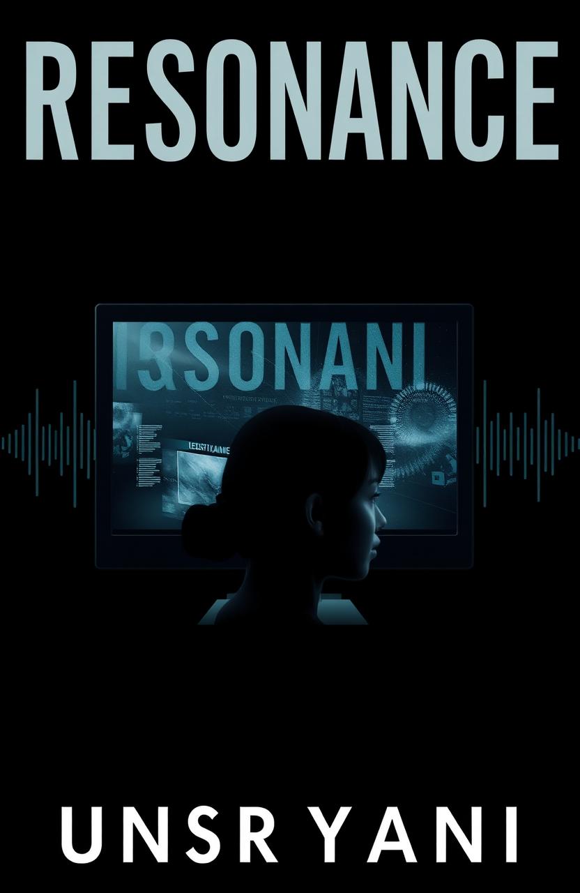 A dark and simple book cover design for the thriller, crime, and sci-fi novel 'Resonance' by Unsriyani