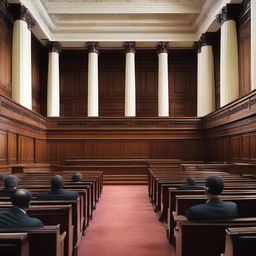 A grand courtroom filled with mahogany furniture, capturing the solemnity of the place with various people - judges, lawyers, and defendants - engaged in a case proceeding.