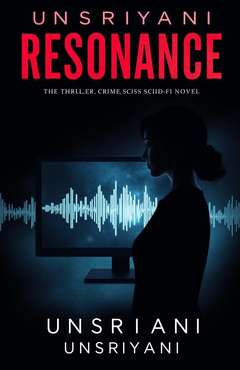 A dark and atmospheric book cover design for the thriller, crime, and sci-fi novel "Resonance" by Unsriyani