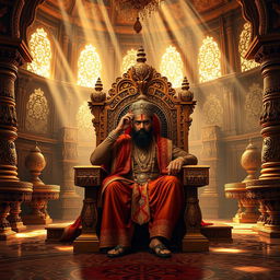 An opulent throne room inspired by Indian mythology, with intricate carvings and luxurious decor filling the scene