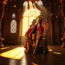 An opulent throne room inspired by Indian mythology, with intricate carvings and luxurious decor filling the scene