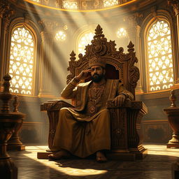 An opulent throne room inspired by Indian mythology, with intricate carvings and luxurious decor filling the scene