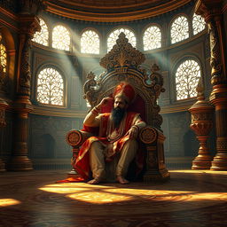An opulent throne room inspired by Indian mythology, with intricate carvings and luxurious decor filling the scene
