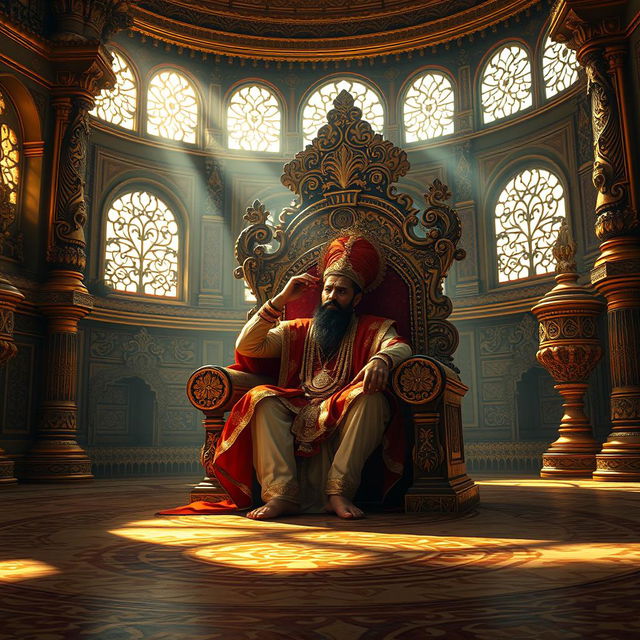 An opulent throne room inspired by Indian mythology, with intricate carvings and luxurious decor filling the scene