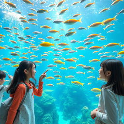 A group of young Korean girls observing a massive aquarium filled with vibrant and colorful marine life